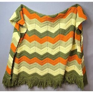 Vintage Handmade Crochet Afghan Blanket Green Orange‎ Chevron Ripple Fringe 70s
